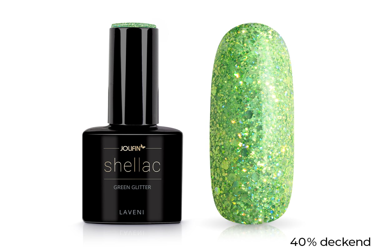 Jolifin LAVENI Shellac - green Glitter 10ml