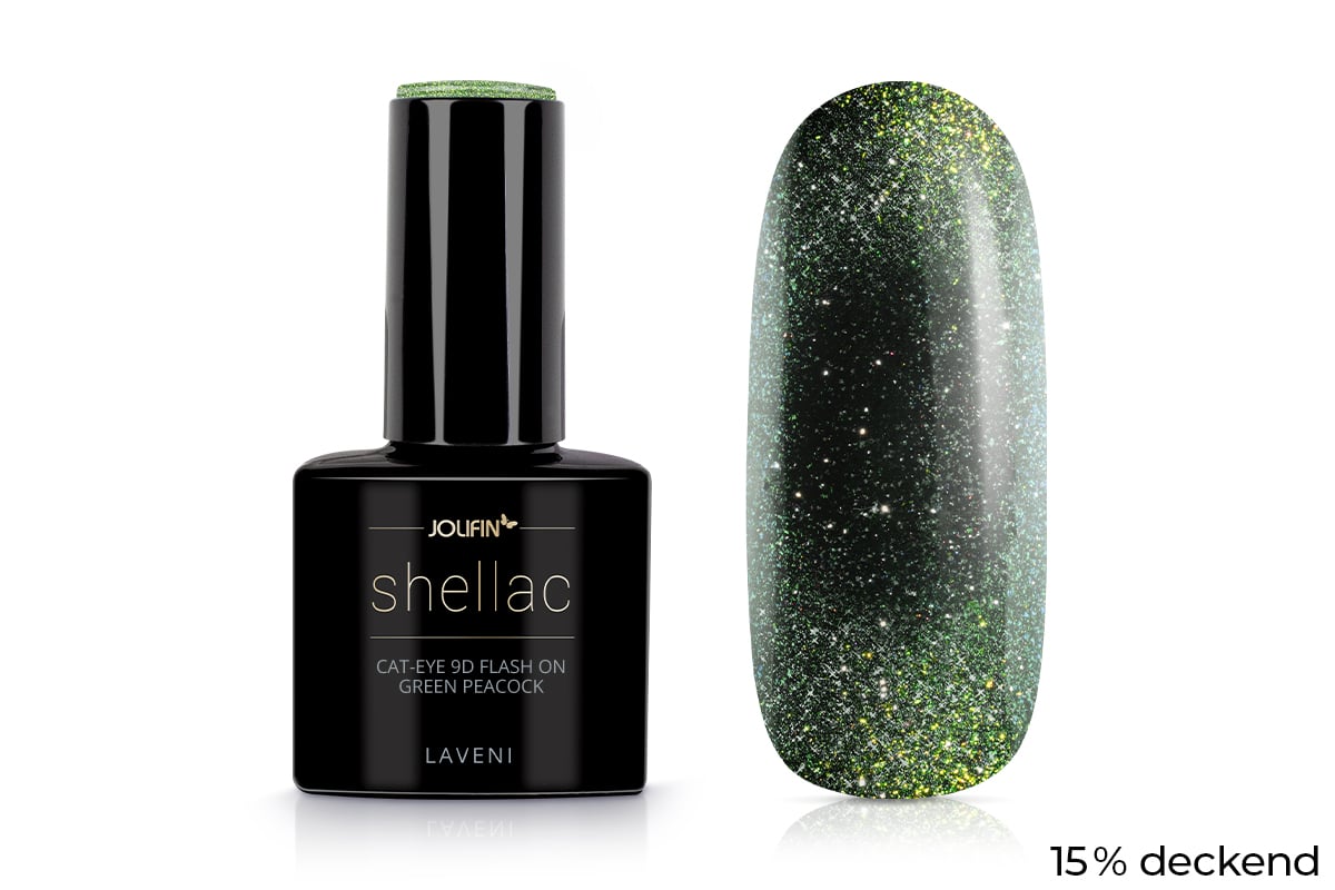 Jolifin LAVENI Shellac - Cat-Eye 9D FlashOn green peacock 10ml 