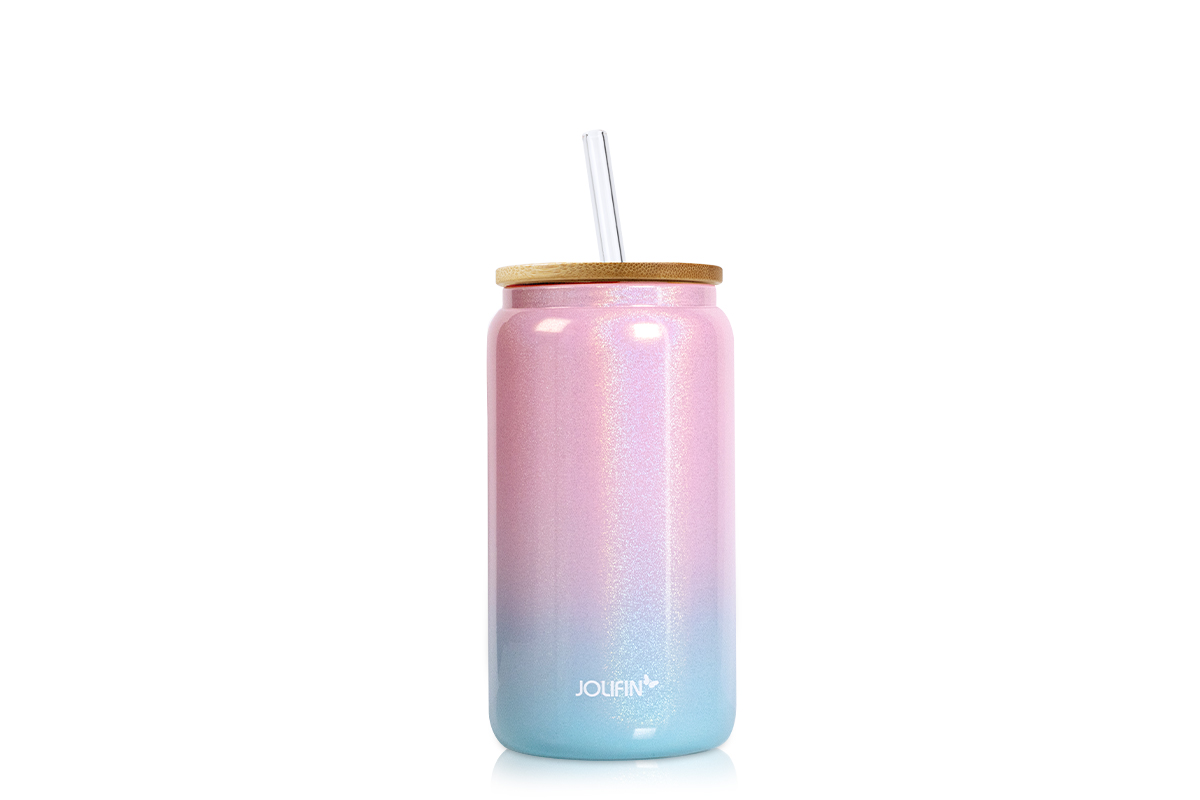 Jolifin drinking glass with straw - pink-blue ombré 470ml