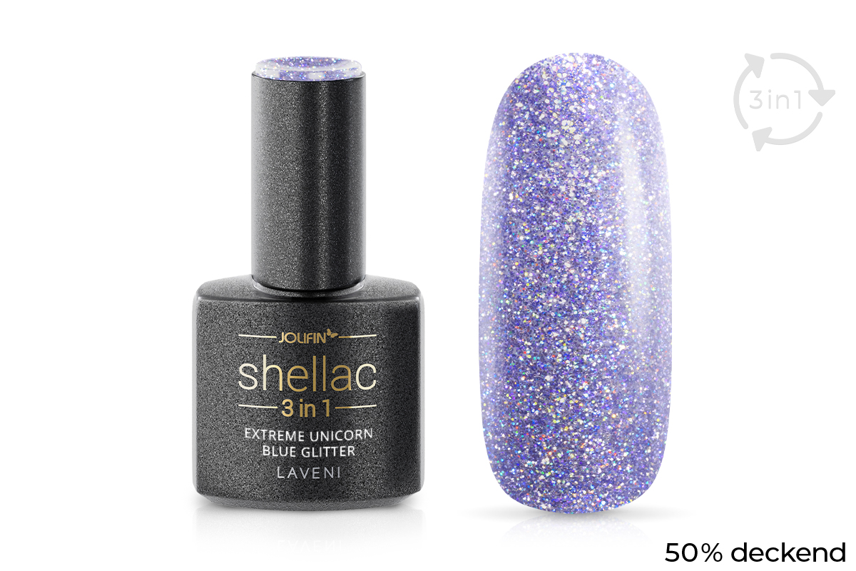 Jolifin LAVENI 3in1 Shellac - extreme unicorn blue Glitter 10ml