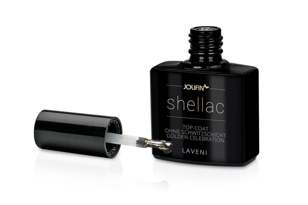 Jolifin LAVENI Shellac - Top-Coat without sweat layer golden celebration 10ml