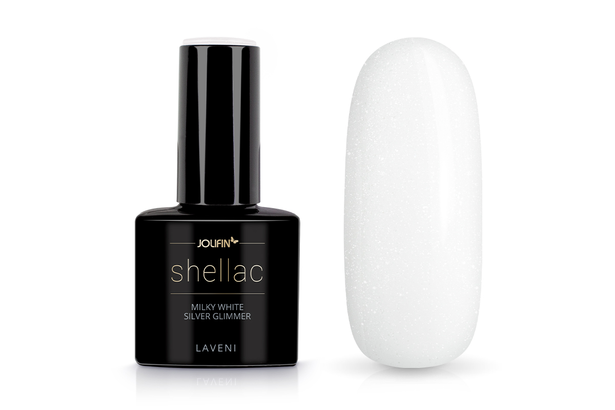 Jolifin LAVENI Shellac - milky white silver Glimmer 10ml