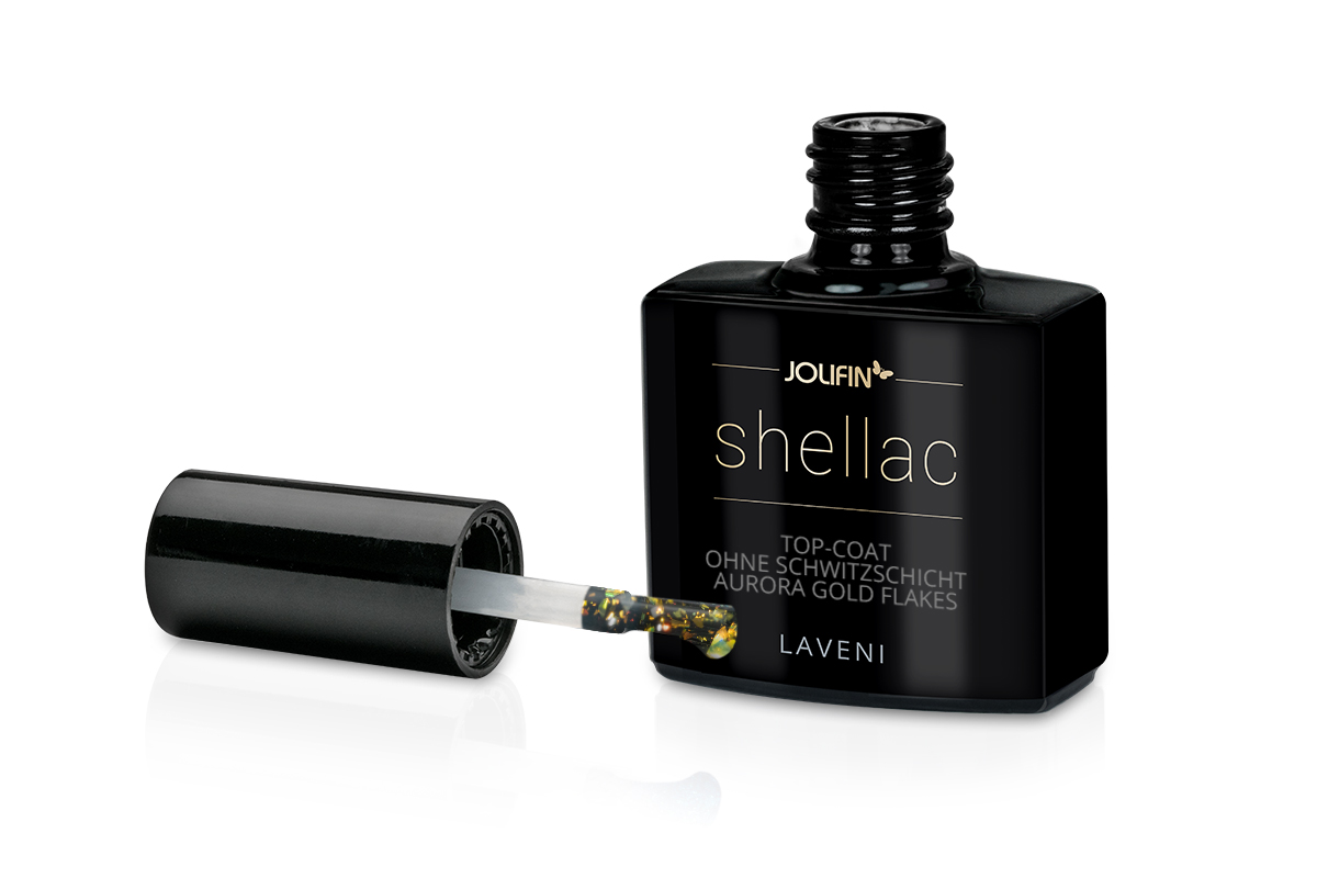 Jolifin LAVENI Shellac - Top-Coat without sweat layer Aurora gold Flakes 10ml