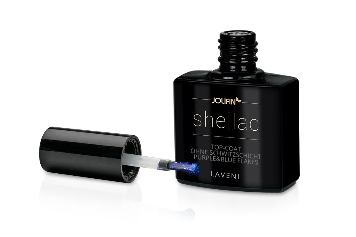   Jolifin LAVENI Shellac - Top-Coat without sweat layer purple & blue flakes 10ml