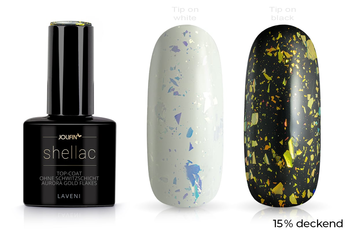 Jolifin LAVENI Shellac - Top-Coat without sweat layer Aurora gold Flakes 10ml