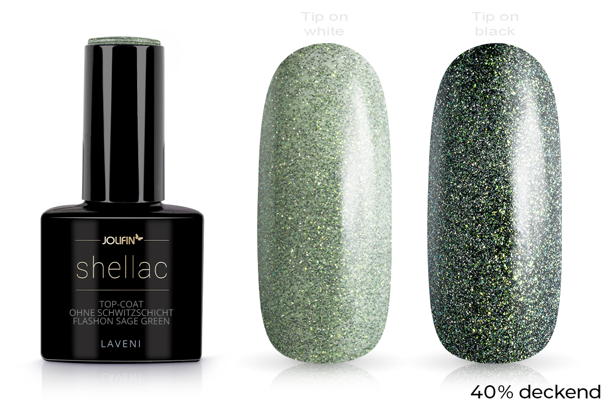 Jolifin LAVENI Shellac - Top-Coat without sweat layer FlashOn sage green 10ml