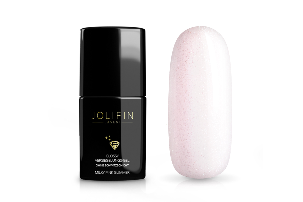 Jolifin LAVENI Glossy sealing gel without sweat layer - milky pink glimmer 11ml  