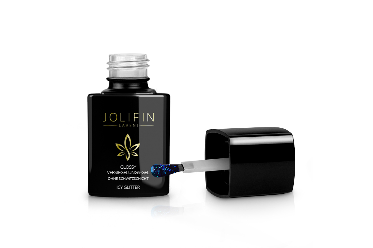 Jolifin LAVENI Glossy Versiegelungs-Gel ohne Schwitzschicht - icy Glitter 11ml