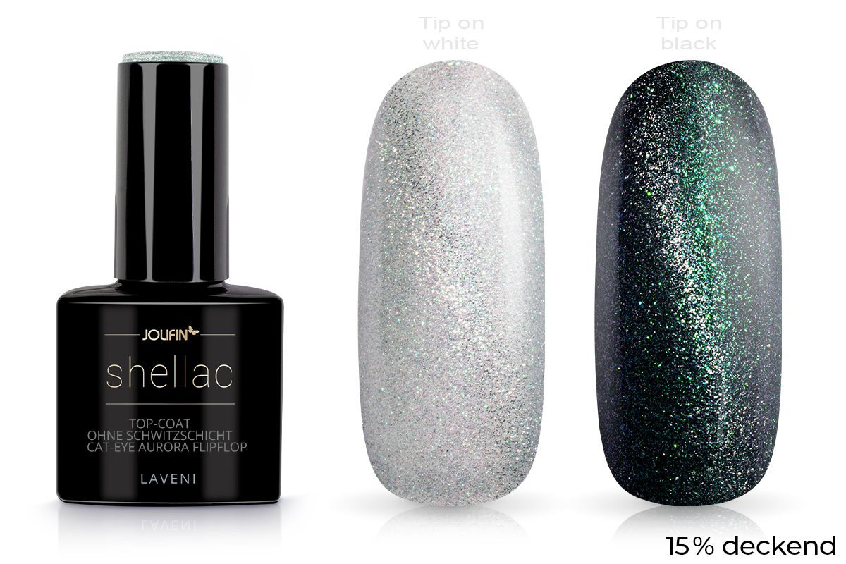 Jolifin LAVENI Shellac - Top-Coat without sweat layer Cat-Eye aurora FlipFlop 10ml