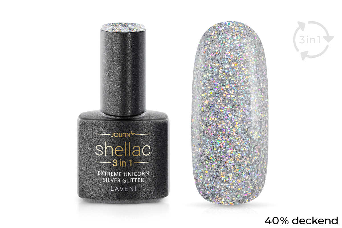 Jolifin LAVENI 3in1 Shellac - extreme unicorn silver Glitter 10ml